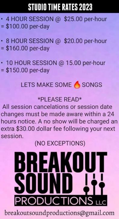 Breakout Sound Productions studio time rates 2023
